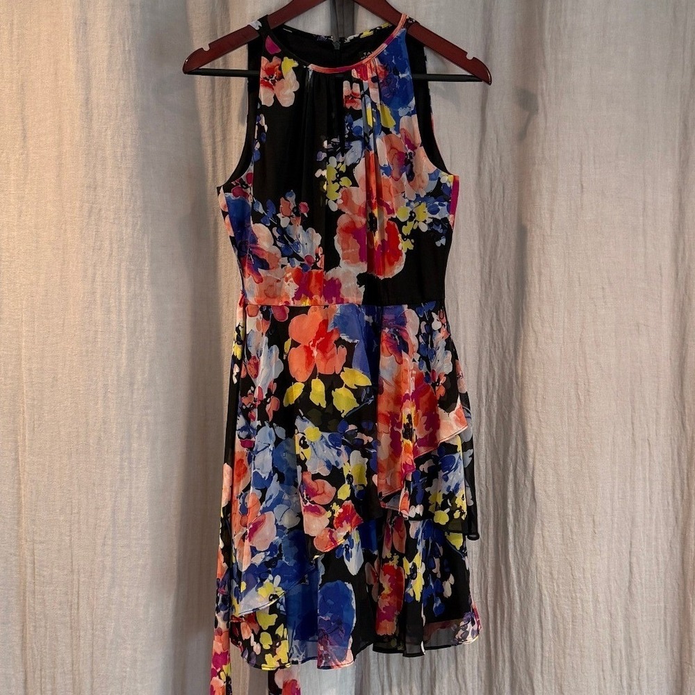 Tahari ASL Floral Tiered Ruffle Chiffon Halter Dress Black Multi Watercolor